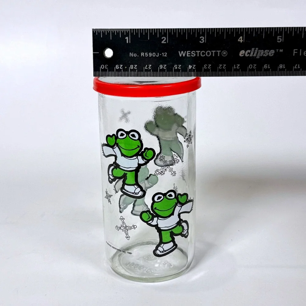 Vintage 1989 Kraft Kermit the Frog Ice Skating Glass Jelly Jar with Red Lid
